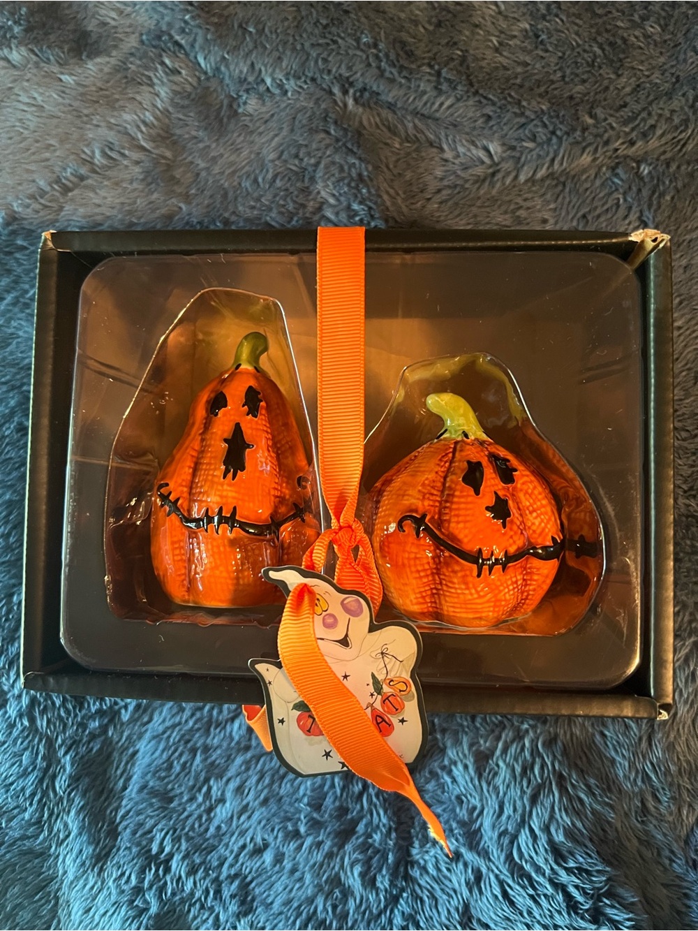 Blue Sky Clayworks Halloween Stitched Pumpkins Ceramic Salt & Pepper Shakers